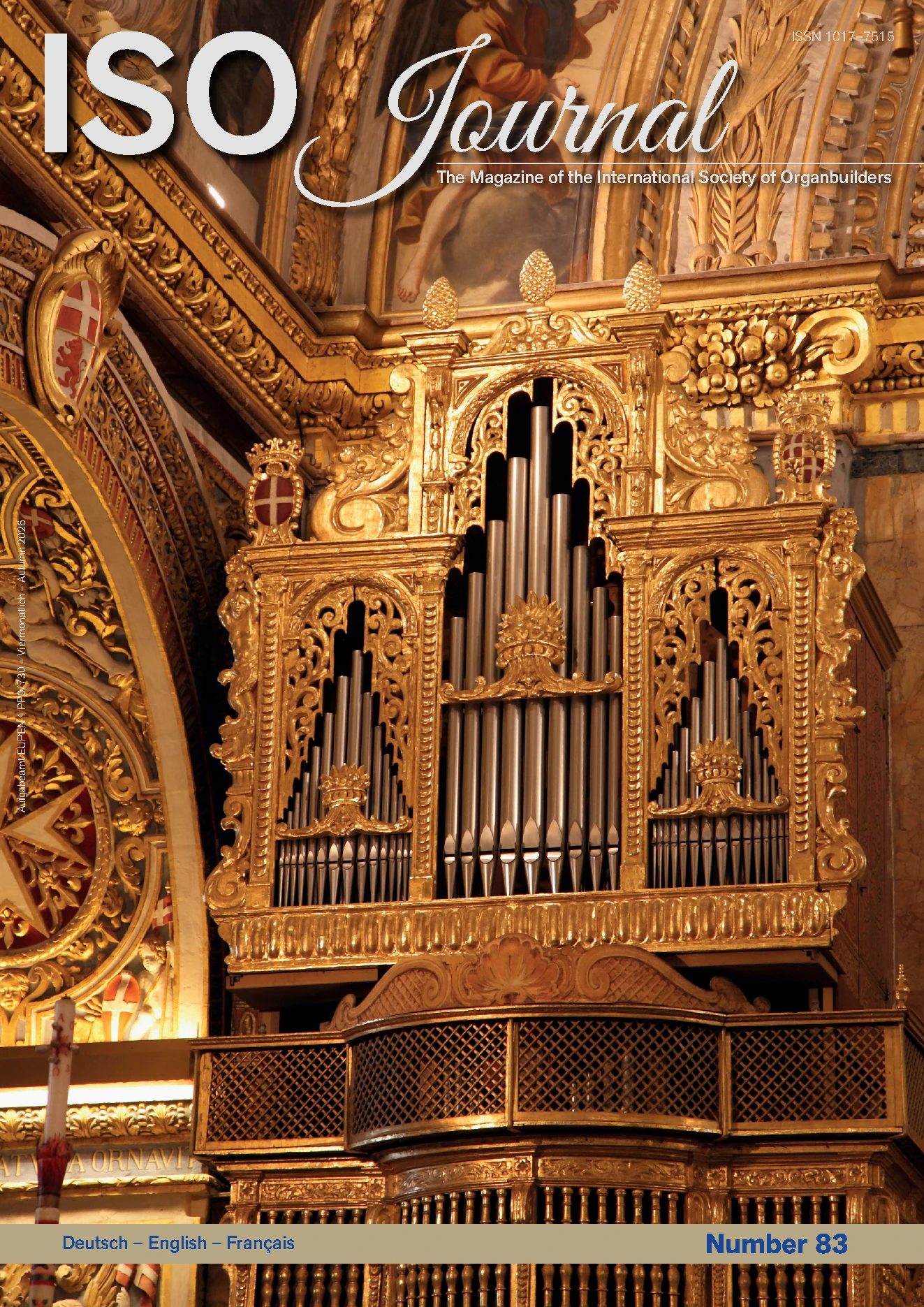 ISO Journal, Number 83, Autumn 2026. The original cover with an ornate golden pipe organ.