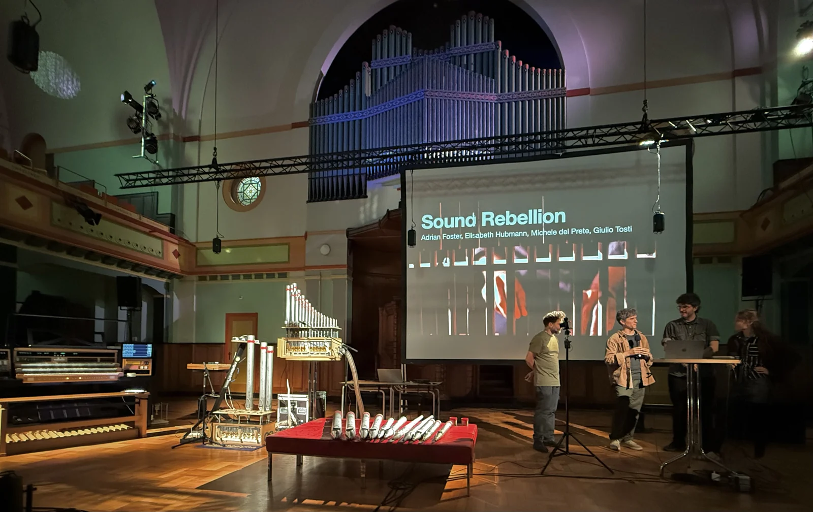 “Sound Rebellion” at the “Situational Musicking” symposium. From left: Michele del Prete, Adrian Foster, Giulio Tosti and Elisabeth Hubmann.